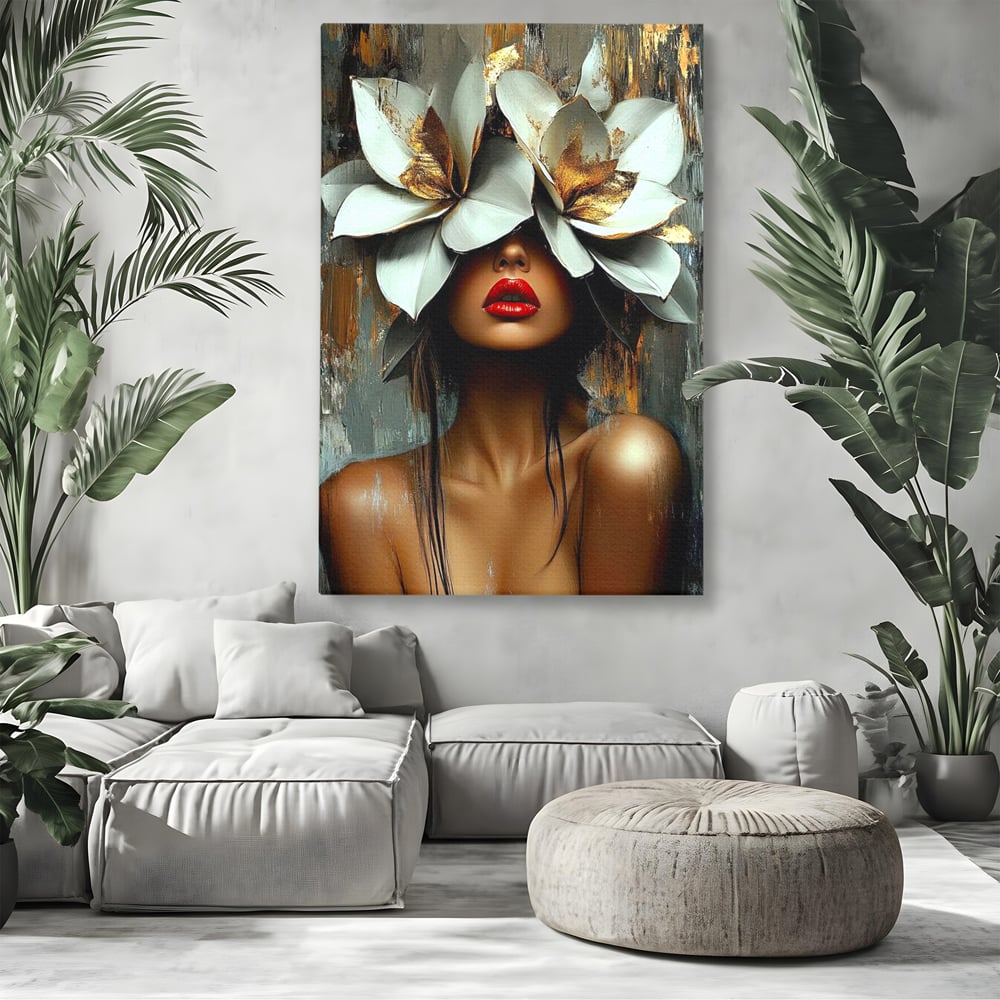 Tablou canvas cu tablou canvas cu femeie si flori, fara rama, pe sasiu de lemn, pe perete intr-un living